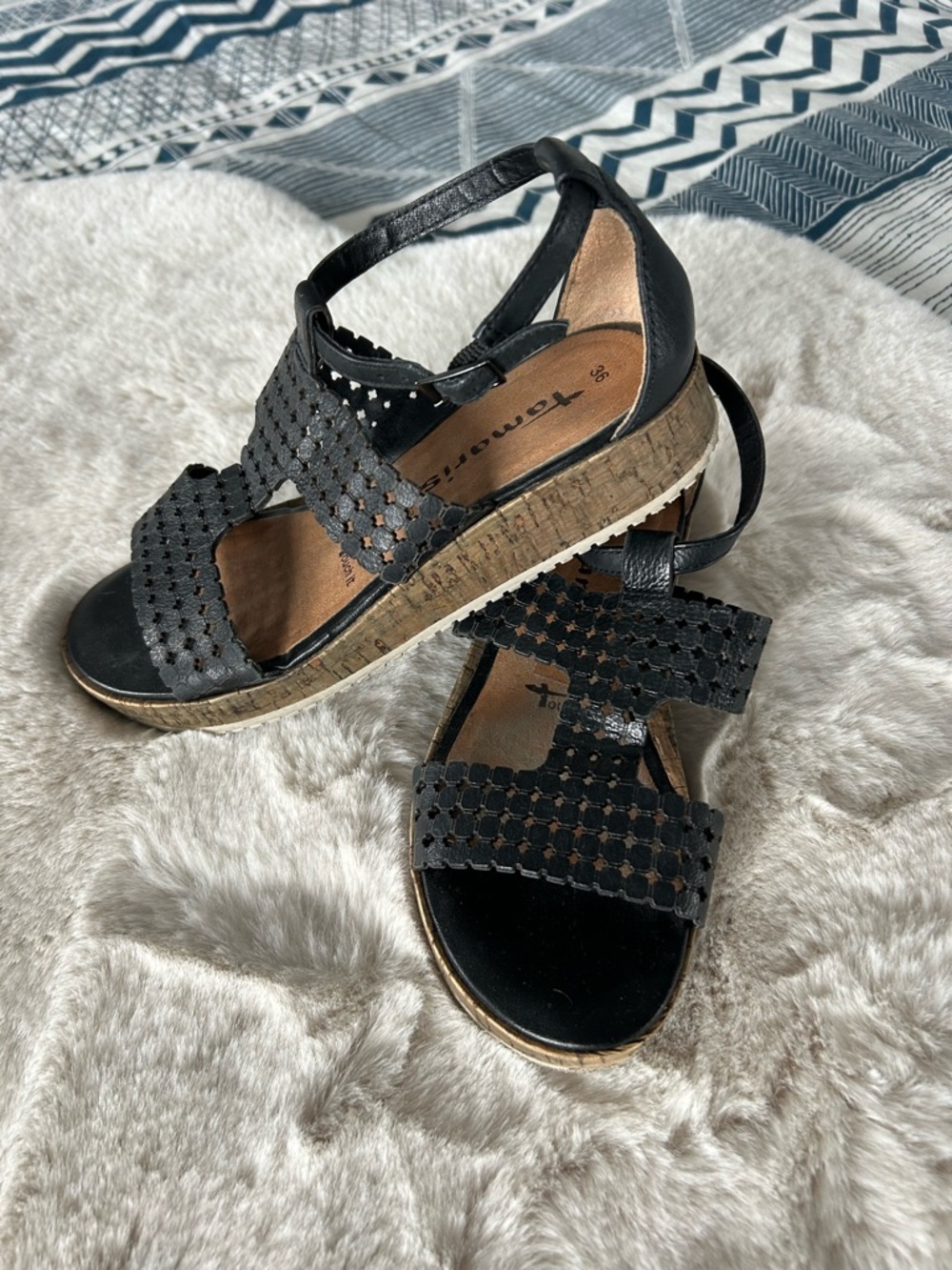 Tamaris size 6 Black Leather Cork Wedge Sandals - Comfortable Summer Style